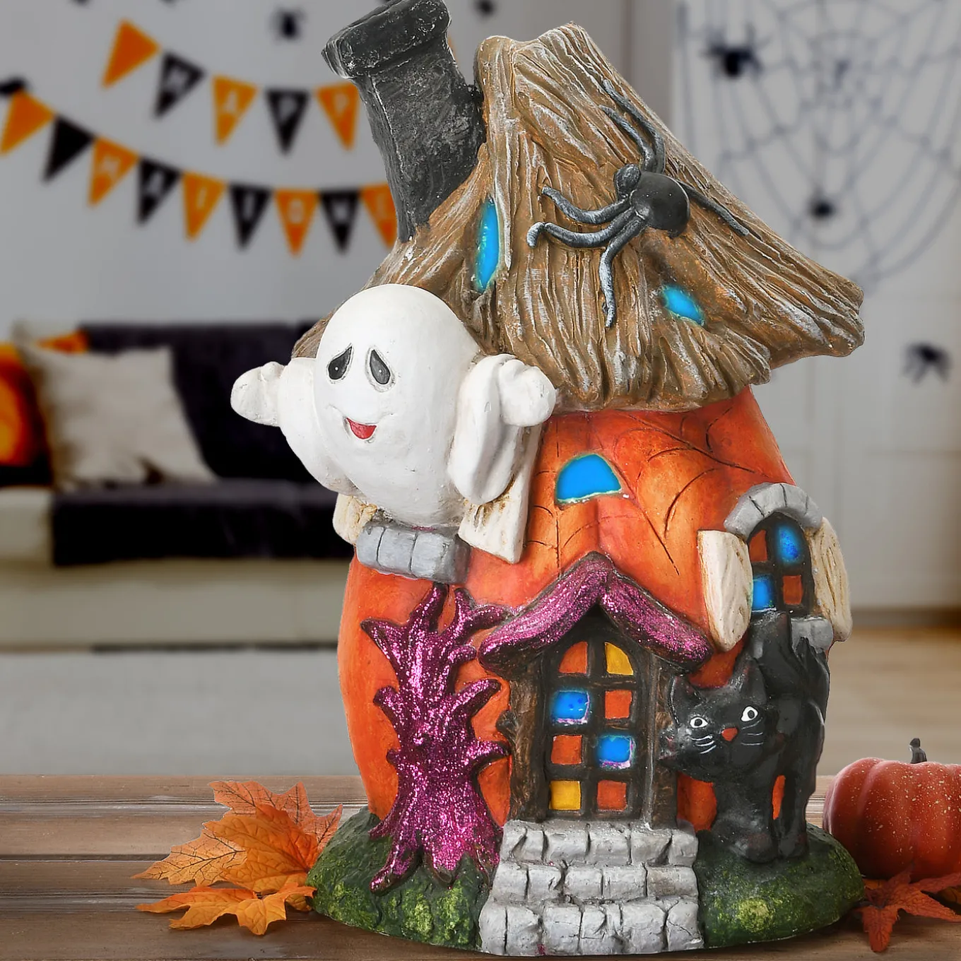 18 in. Halloween Pre-Lit Pumpkin Haunted House Decoration with LED Lights