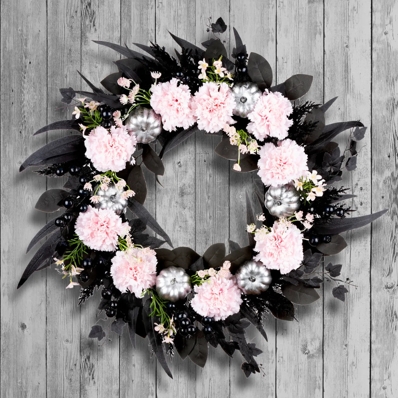 26 in. Halloween Pretty Morbid Pink Carnation Wreath with Silver Pumpkins