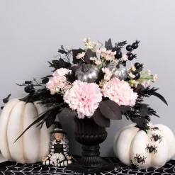 17 in. Halloween Pretty Morbid Pink Carnation Centerpiece with Black Pedestal Urn, Velvet Pumpkins
