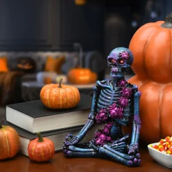 10 in. Halloween Purple Galaxy Meditating Skeleton with LED Lights
