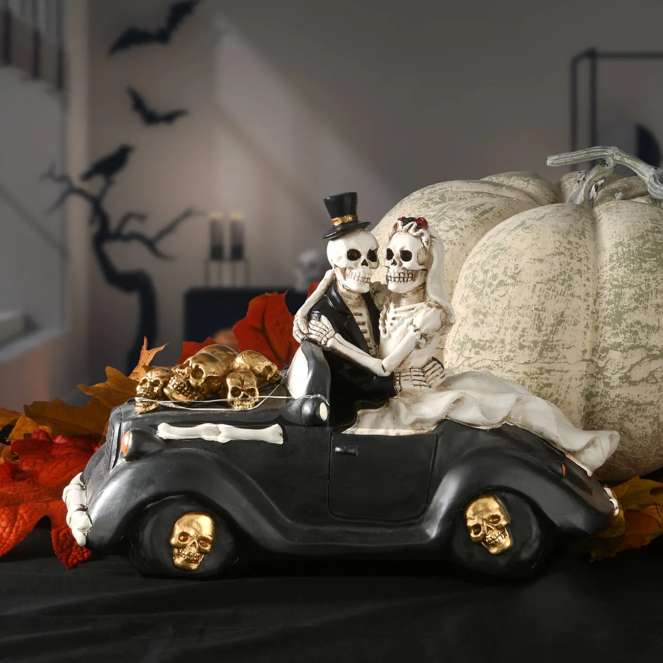 8 in. Halloween Skeleton Bride and Groom in Black Car with LED Lights