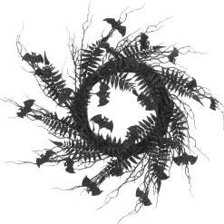 24 in. Halloween Spooky Wreath with Bats, Fern Leaves, Branches