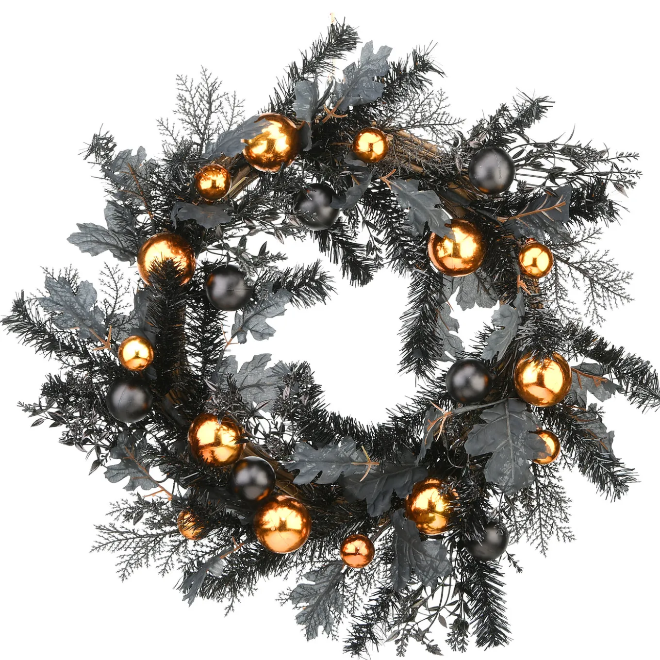 24 in. Halloween Spooky Wreath with Black and Orange Ball Ornaments, Leaves