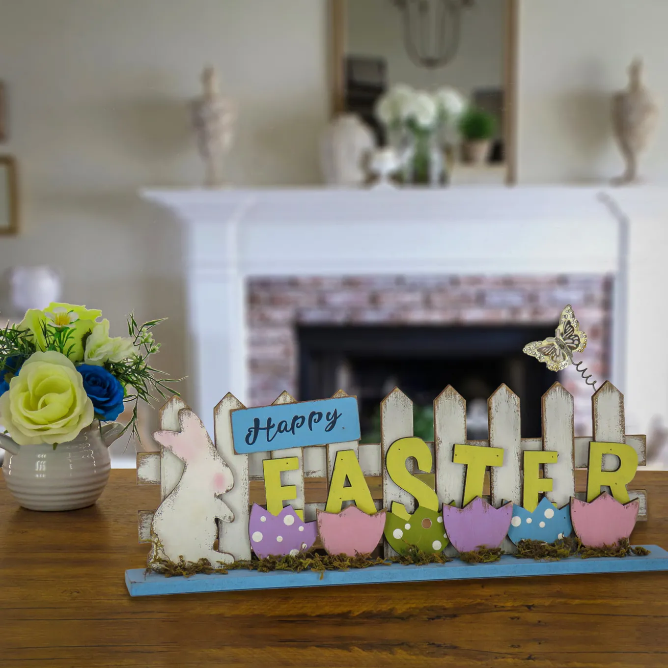 16 in. Happy Easter Picket Fence Table Decoration, Designed with Painted Eggs and Butterfly