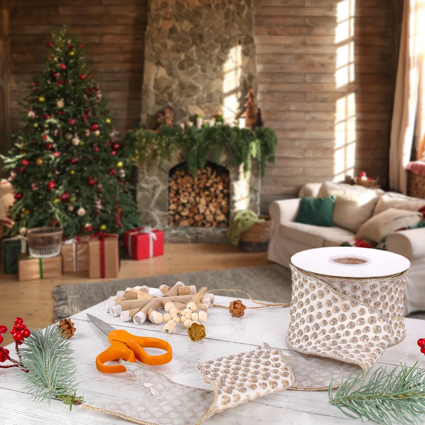 3 in. HGTV Home Collection Rainer Jacquard Tissue Back Ribbon, Gold