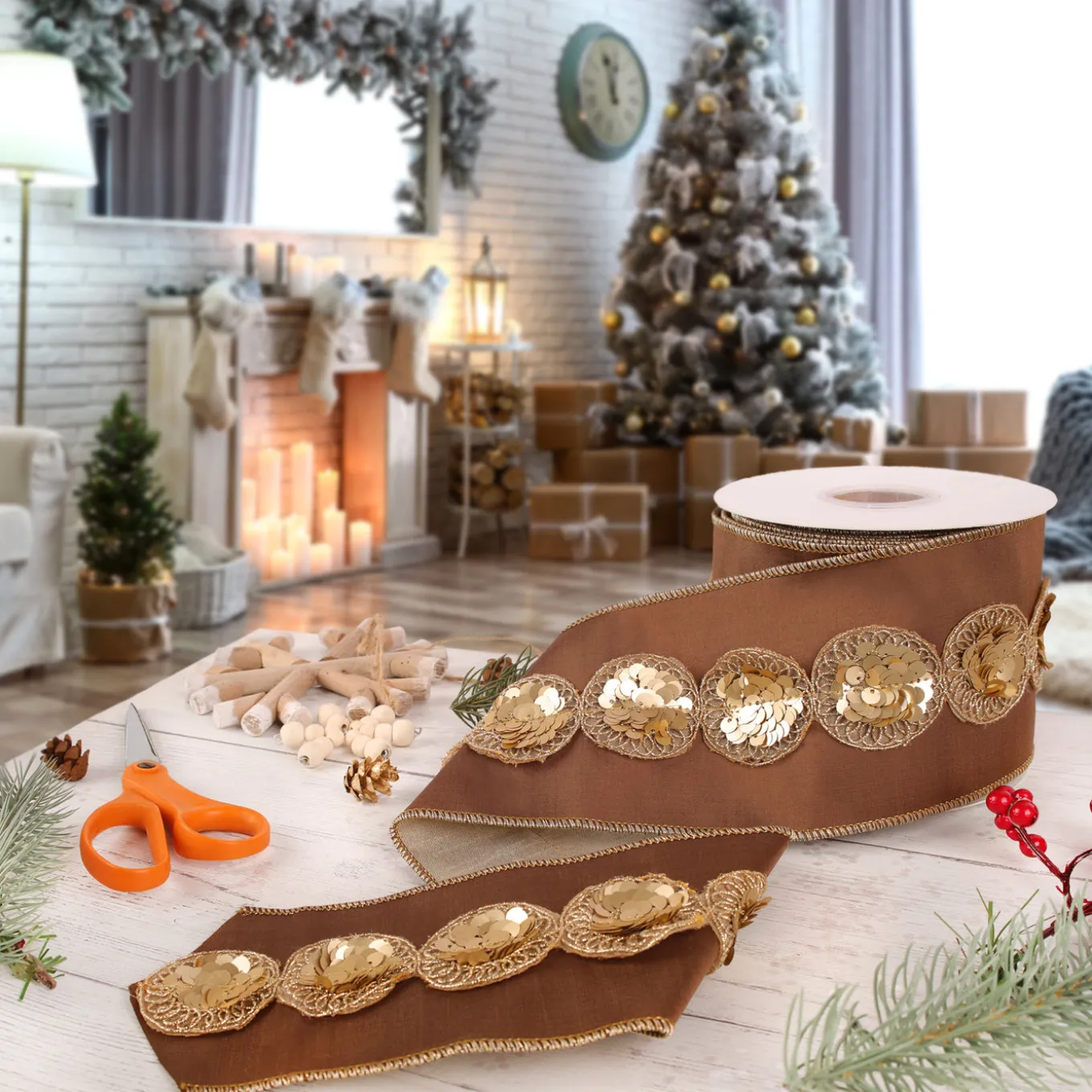 4 in. HGTV Home Collection Sequin Beaded Taffeta Ribbon, Brown