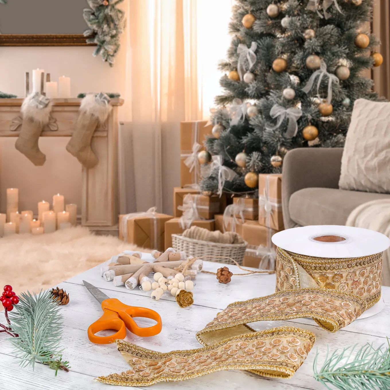 2.5 in. HGTV Home Collection Dupioni Gold Beaded Ribbon