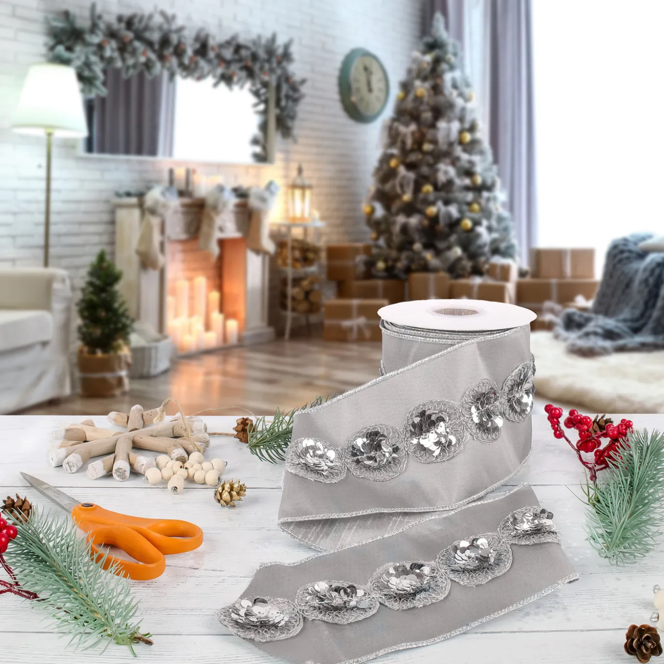 4 in. HGTV Home Collection Sequin Beaded Taffeta Ribbon, Gray