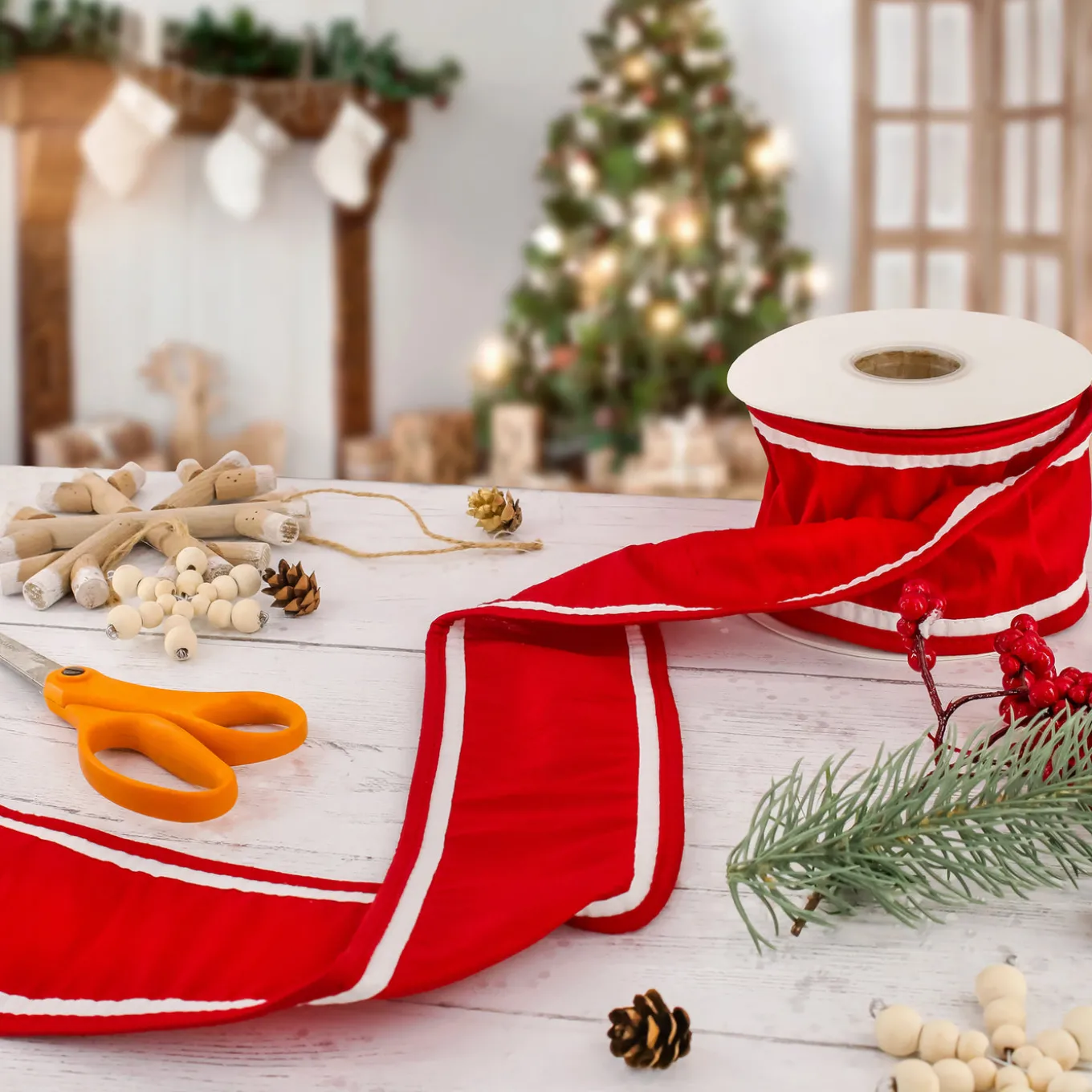 3 in. HGTV Home Collection Dupioni Double-Sided Ribbon, Red & White