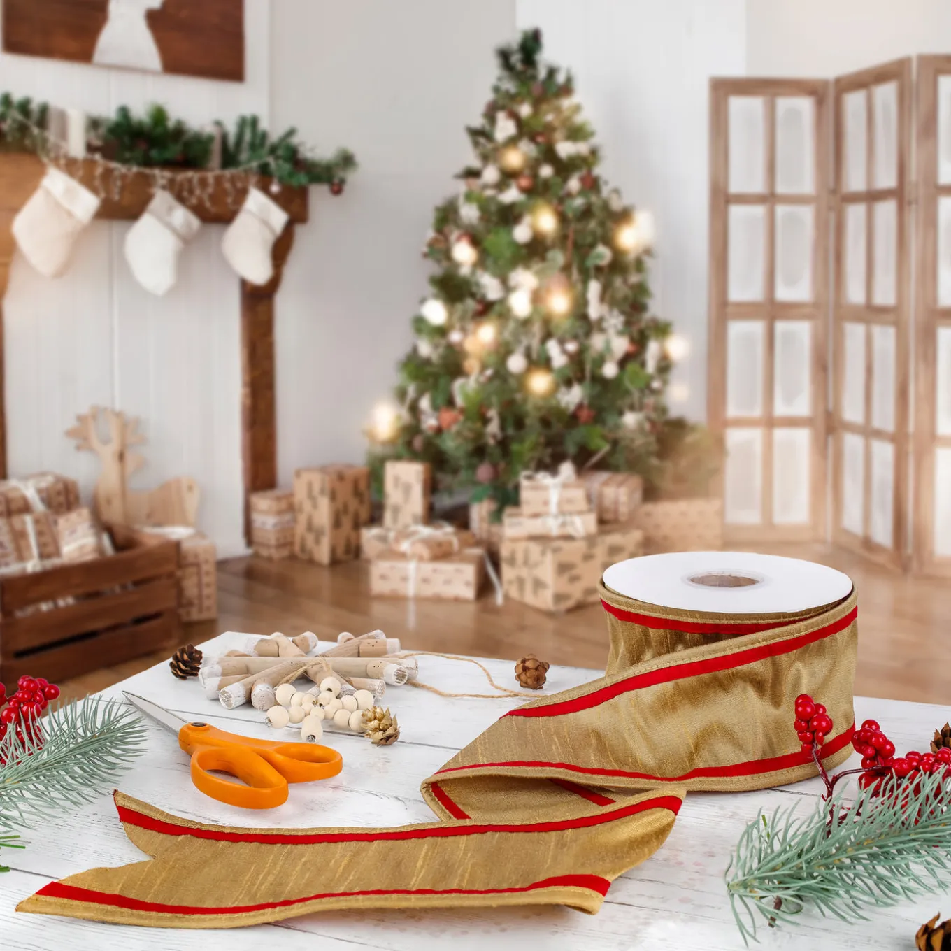 3 in. HGTV Home Collection Dupioni Double-Sided Ribbon, Gold & Red