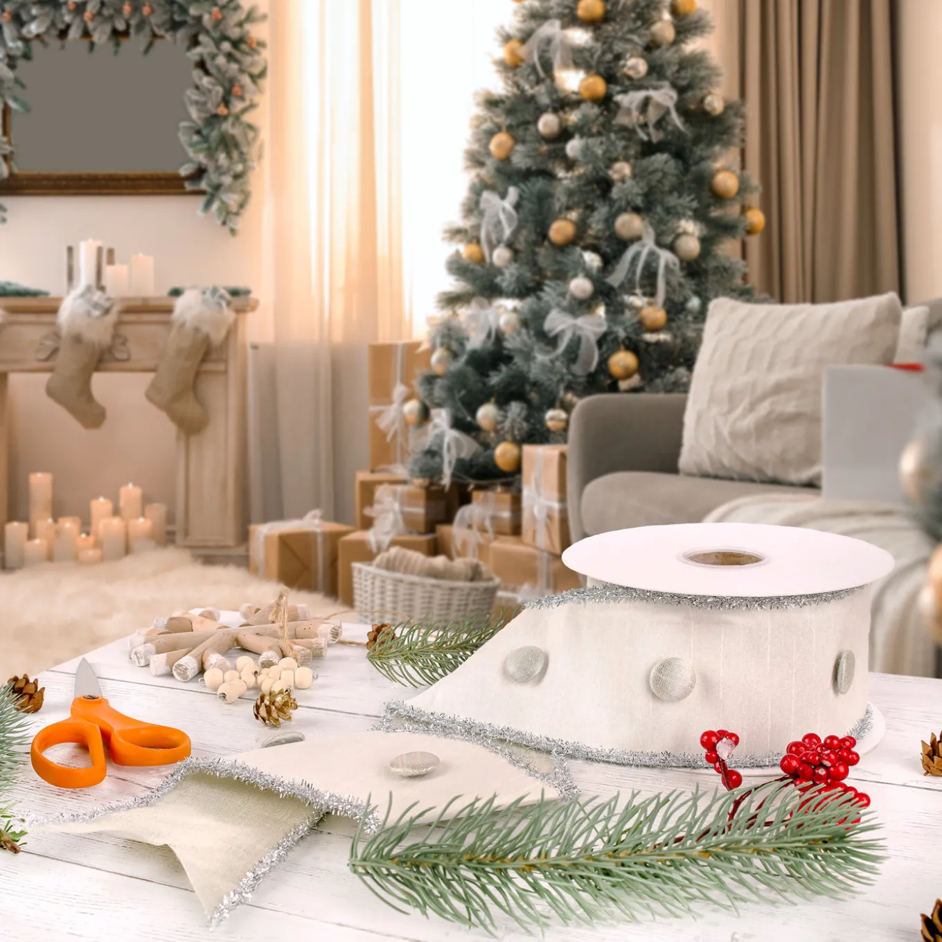 3 in. HGTV Home Collection Dupioni Button Ribbon, White