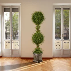 60 in. Mini Tea Leaf 2 Ball Topiary in a Silver Square Pot