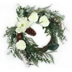 26 in. Mixed Greens and White Flowers Decorated Wreath