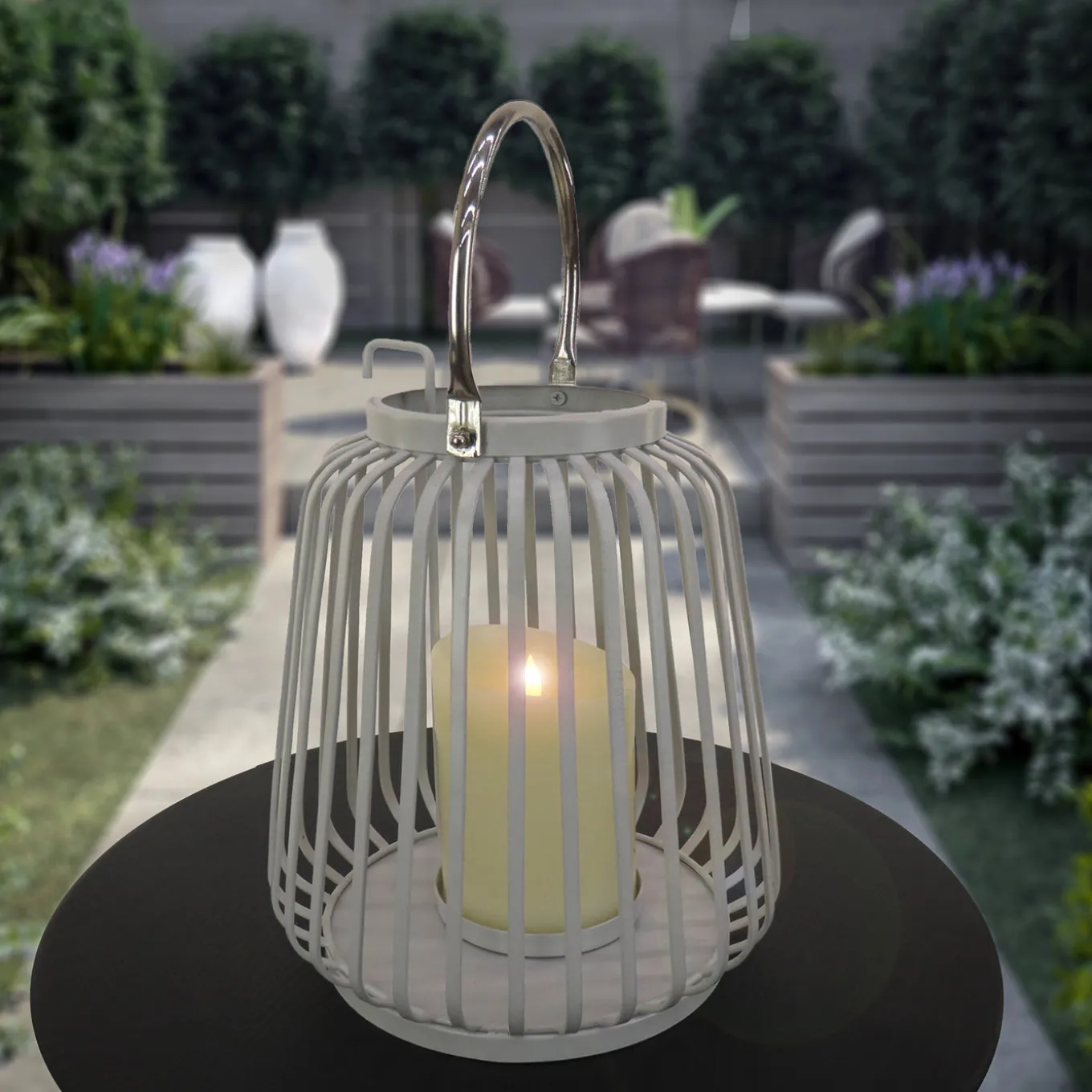 13 in. Modern Design and Finish Glacier Gray Outdoor Lantern Candleholder