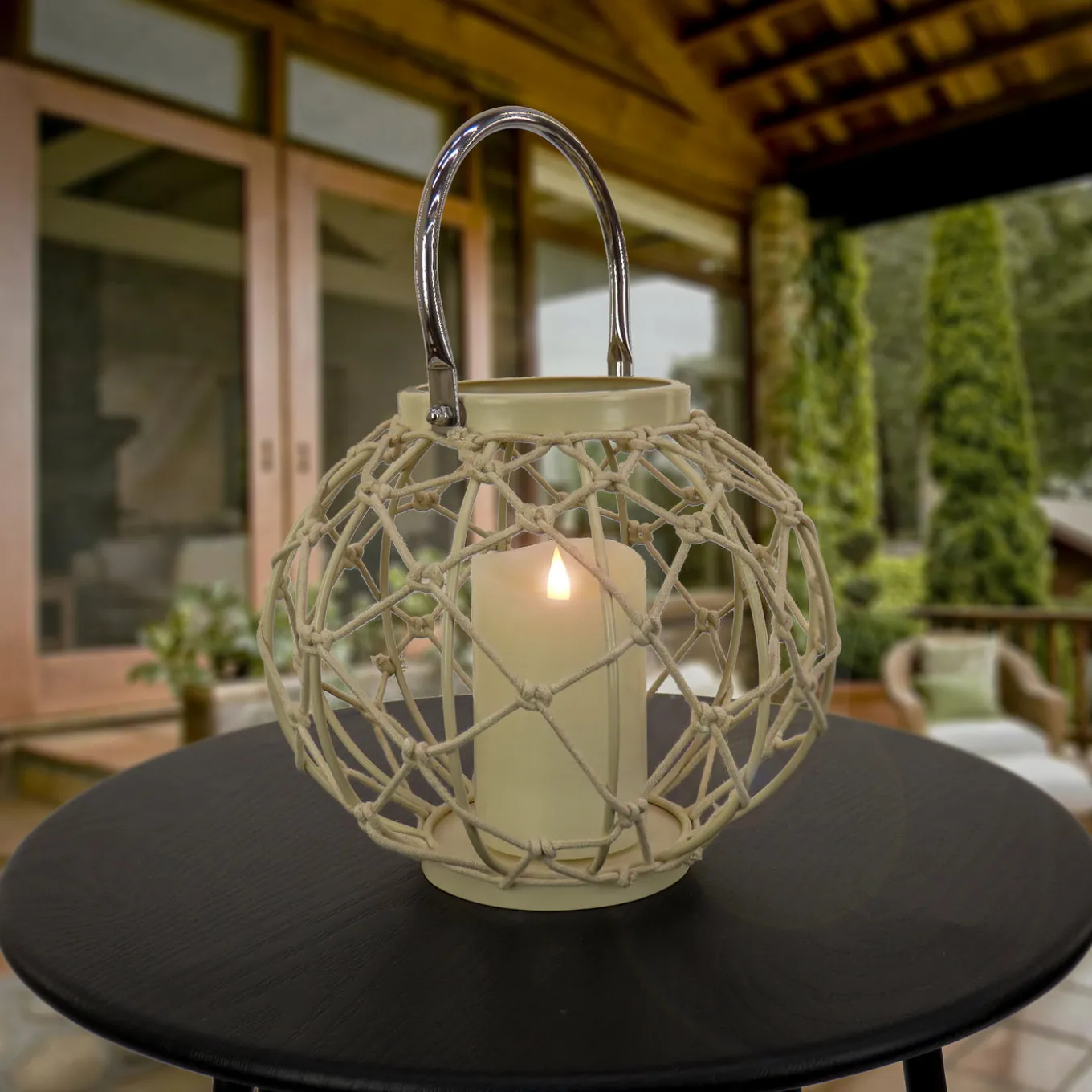 9 in. Modern Design and Finish Bleached Sand Outdoor Lantern Candleholder