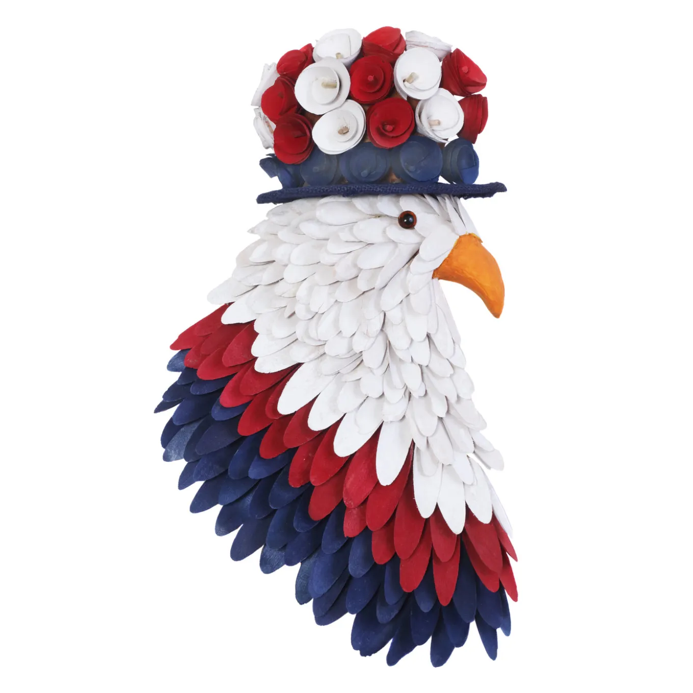 14 in. Patriotic Hanging Eagle Decoration with Red White and Blue Wood Cuts and Flower Blooms