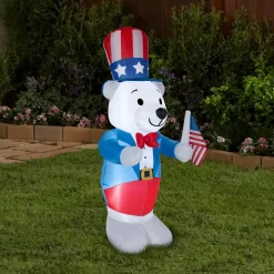 48 in. Patriotic Inflatable Decoration, Blue White Bear wearing Red White and Blue Suit and Hat