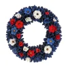 20 in. Patriotic Wreath Decoration with Red, White and Blue Flower Blooms, Blue Petals