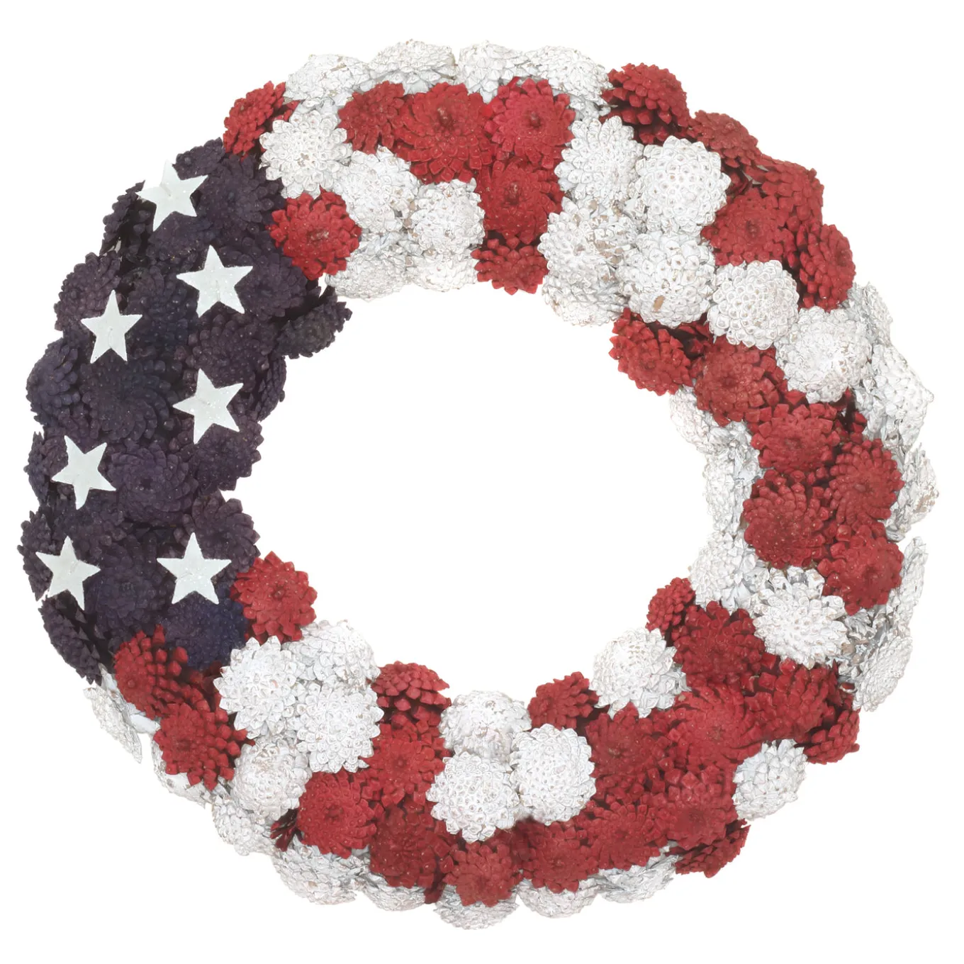8 in. Patriotic Wreath with Red White and Blue Pine Cones White Stars