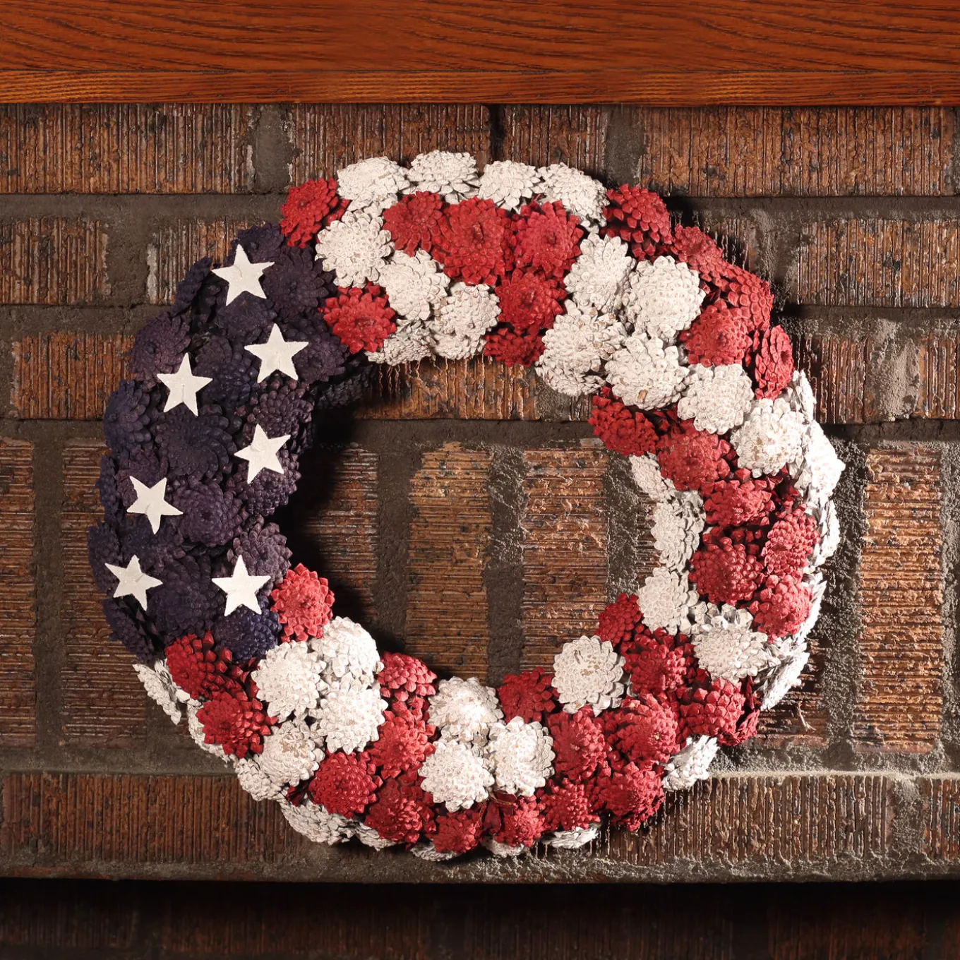 8 in. Patriotic Wreath with Red White and Blue Pine Cones White Stars