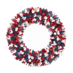 21 in. Patriotic Wreath with Red White and Blue Flowers Petals Tinsel
