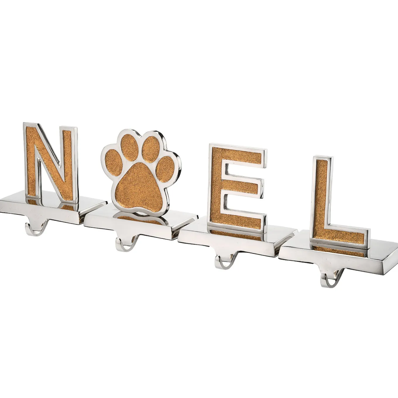 5 in. 4-Piece Gold Sparkle NOEL Christmas Stocking Holders, Gold and Silver with Paw Print