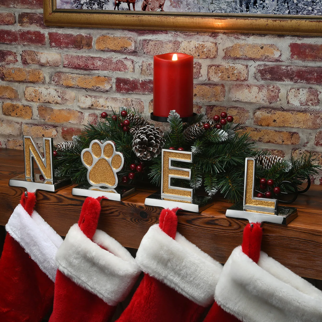 5 in. 4-Piece Gold Sparkle NOEL Christmas Stocking Holders, Gold and Silver with Paw Print