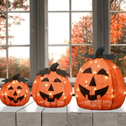 15 in. 3-Piece Halloween Pre-Lit Happy Jack-O-Lantern Trio with LED Lights