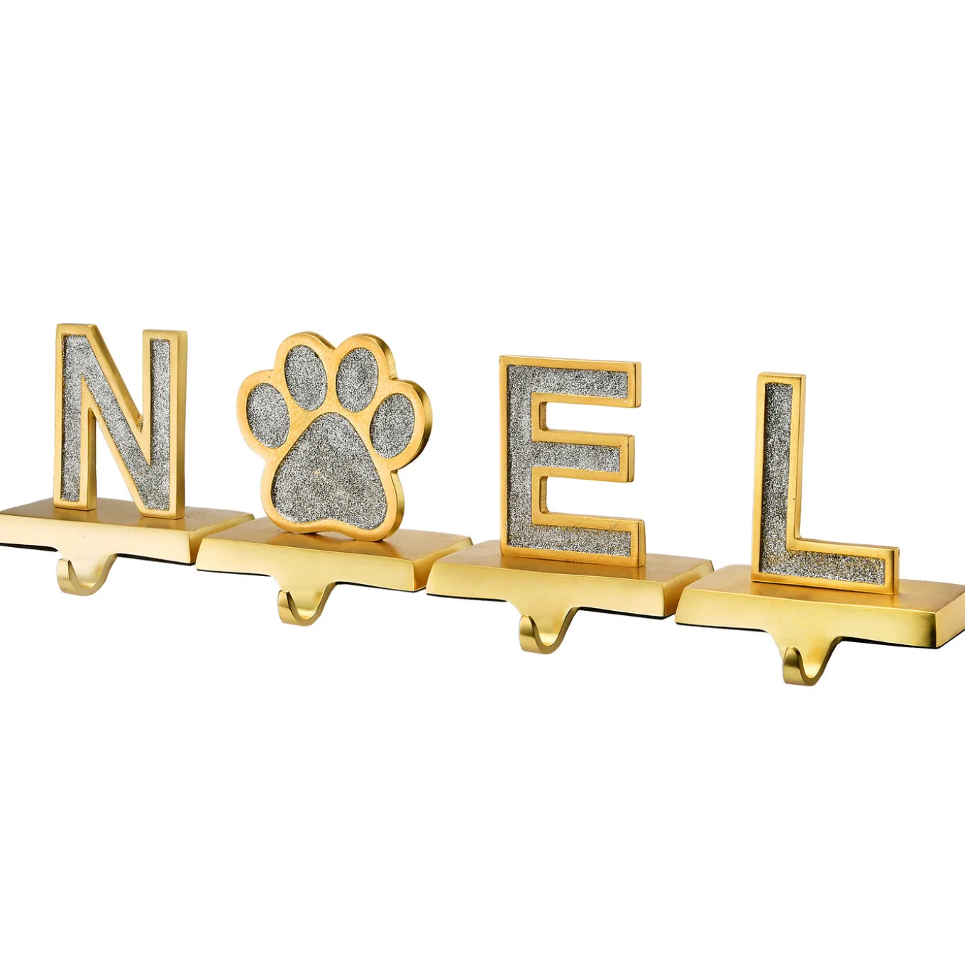 5 in. 4-Piece Silver Sparkle NOEL Christmas Stocking Holders, Silver and Gold with Paw Print