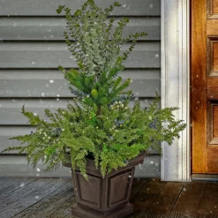 48 in. Pre Lit Cedar and Evergreen Artificial Shrub with Blue and White Berries, LED Lights