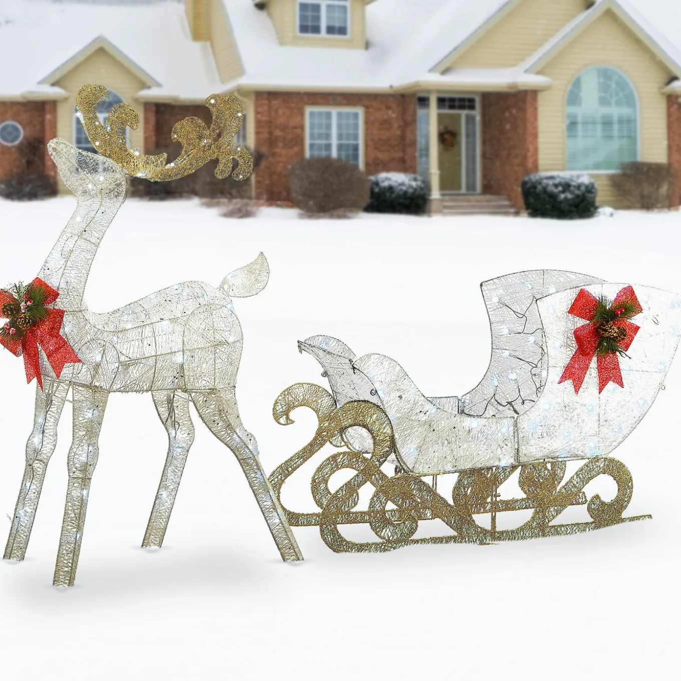 48 in. Pre Lit Sisal Reindeer and Sleigh Decoration with Cool White LED Lights