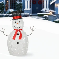 36 in. Pre Lit Sisal Snowman Decoration with Cool White LED Lights