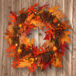 24 in. Pre-Lit Fall Wreath with Gourds, Pinecones, Maple Leaves, Berry Clusters and Lights
