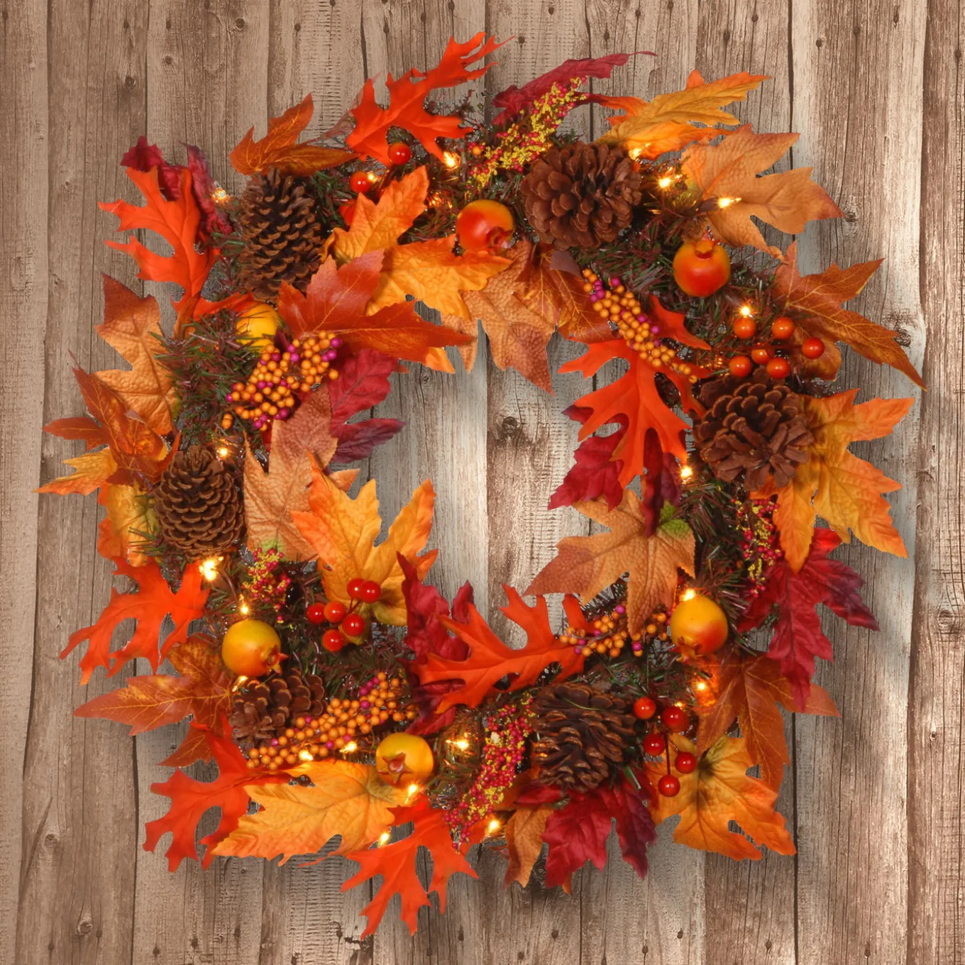 24 in. Pre-Lit Fall Wreath with Gourds, Pinecones, Maple Leaves, Berry Clusters and Lights