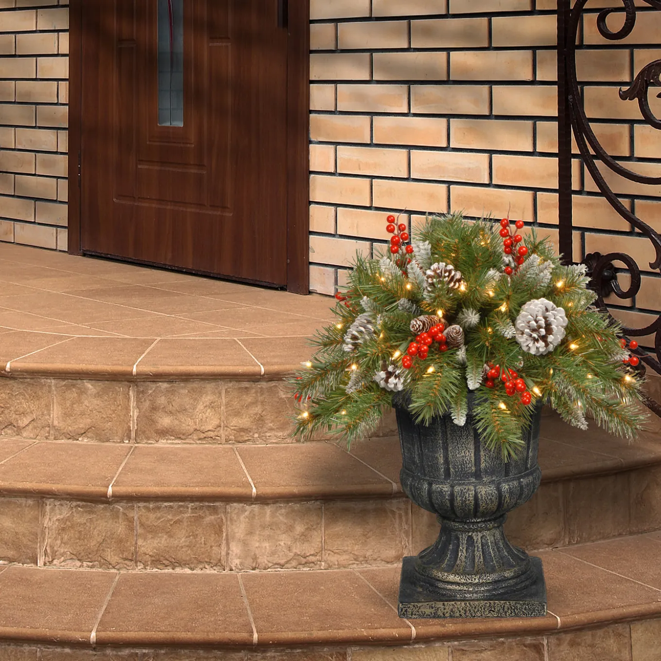 18 in. Pre-Lit Frosted Berry Urn Filler with LED Lights