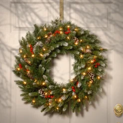 30 in. Pre-Lit Frosted Berry Wreath with Clear Lights