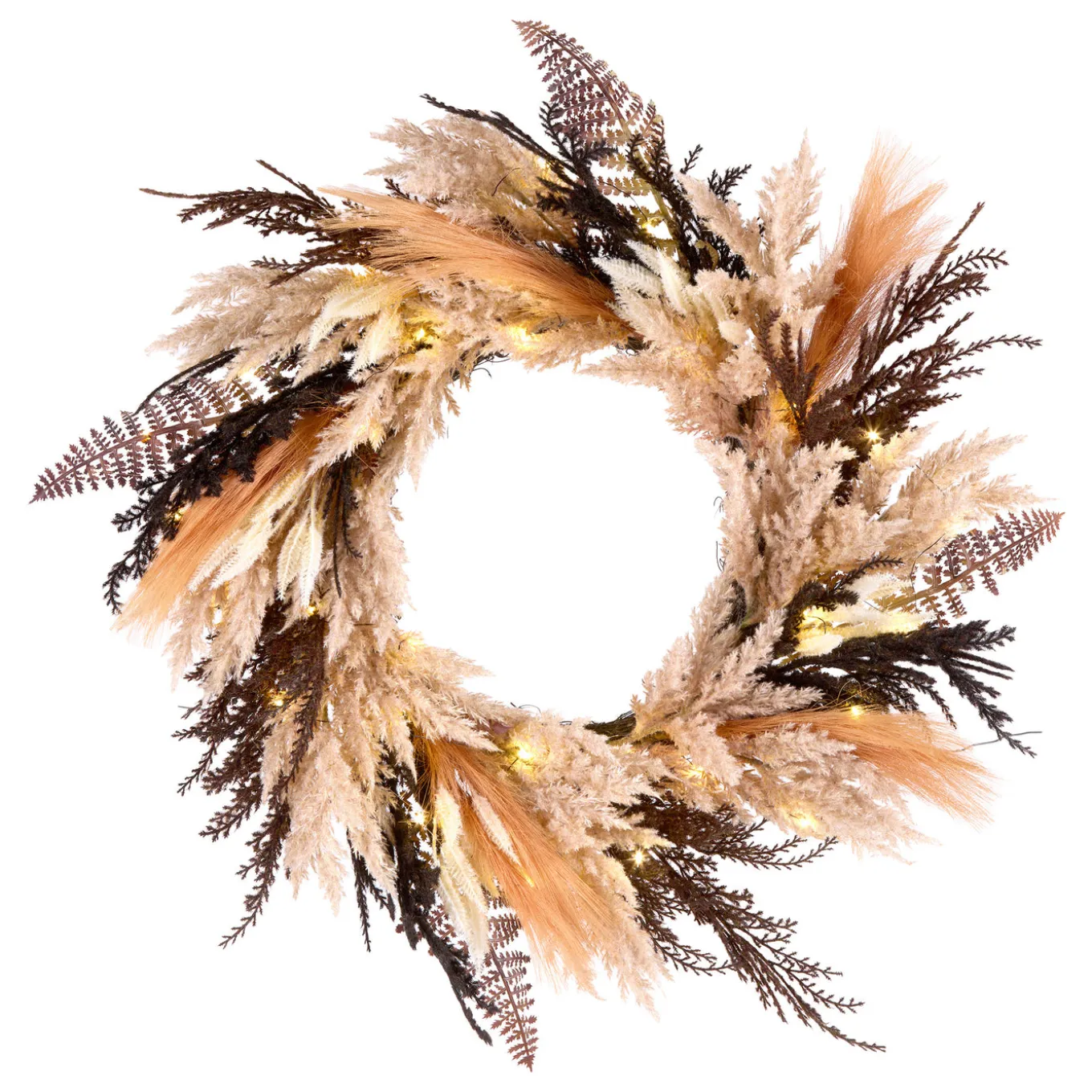 26 in. Pre-Lit Halloween Orange and Black Pampas Wreath with LED Lights