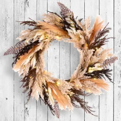 26 in. Pre-Lit Halloween Orange and Black Pampas Wreath with LED Lights