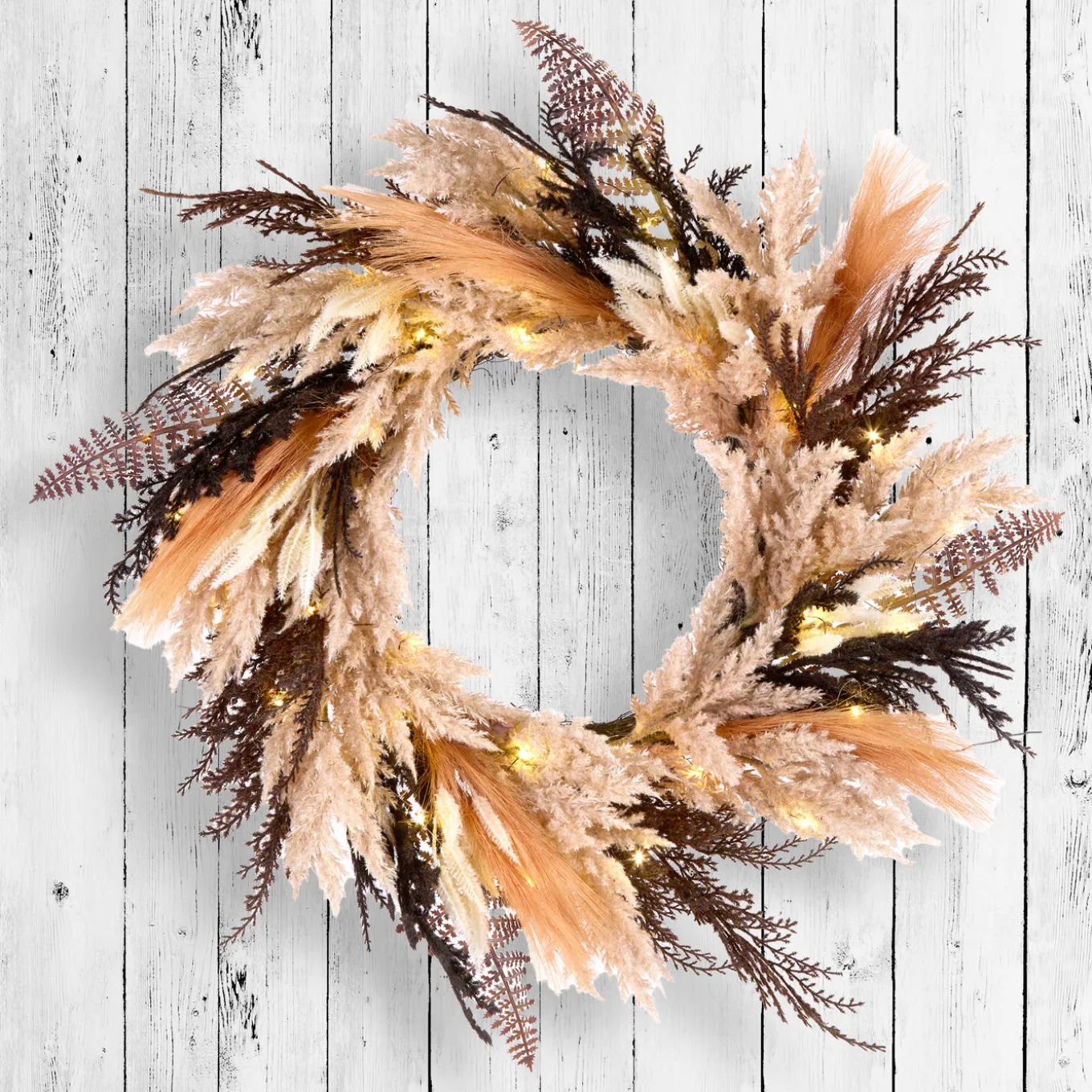 26 in. Pre-Lit Halloween Orange and Black Pampas Wreath with LED Lights