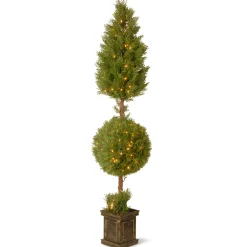 72 in. Pre-Lit Juniper Cone and Ball Topiary Tree in a Black Square Pot with Clear Lights