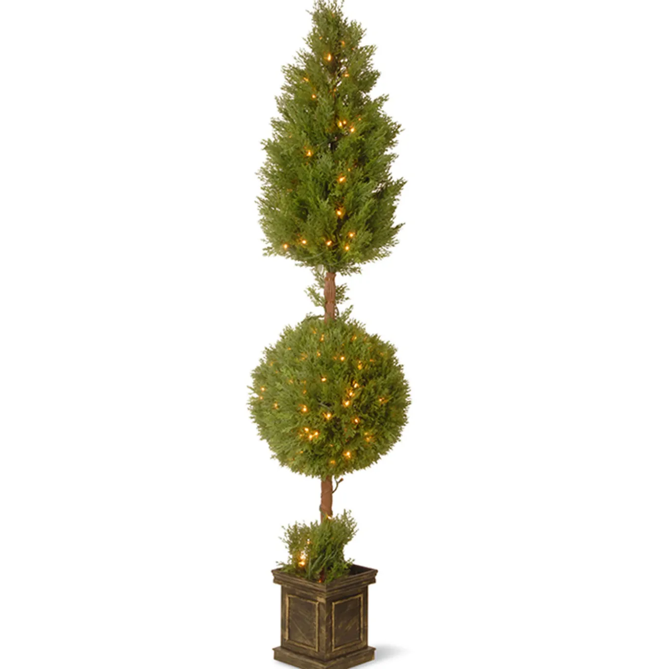 72 in. Pre-Lit Juniper Cone and Ball Topiary Tree in a Black Square Pot with Clear Lights