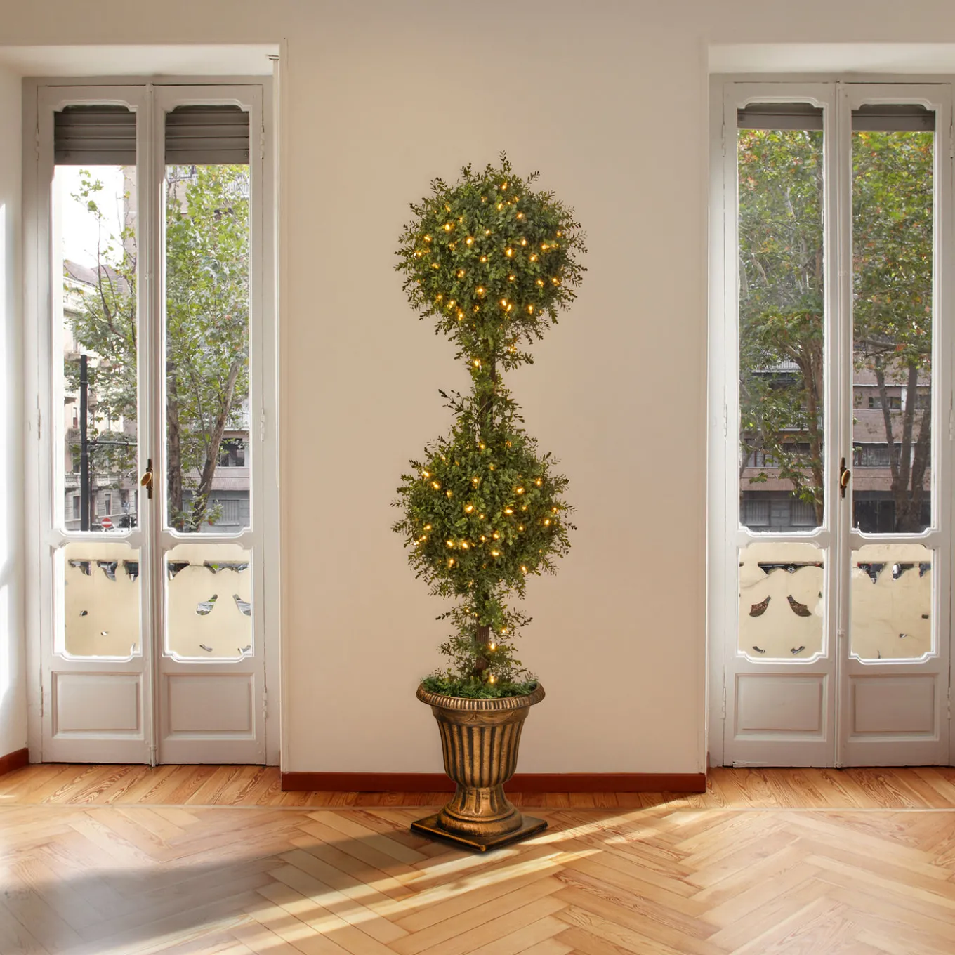 60 in. Pre-Lit Mini Tea Leaf 2 Ball Topiary in a Gold Urn with Clear Lights