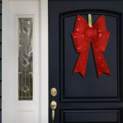 20 in. Pre-Lit Red Fabric Bow with Battery Operated LED Lights