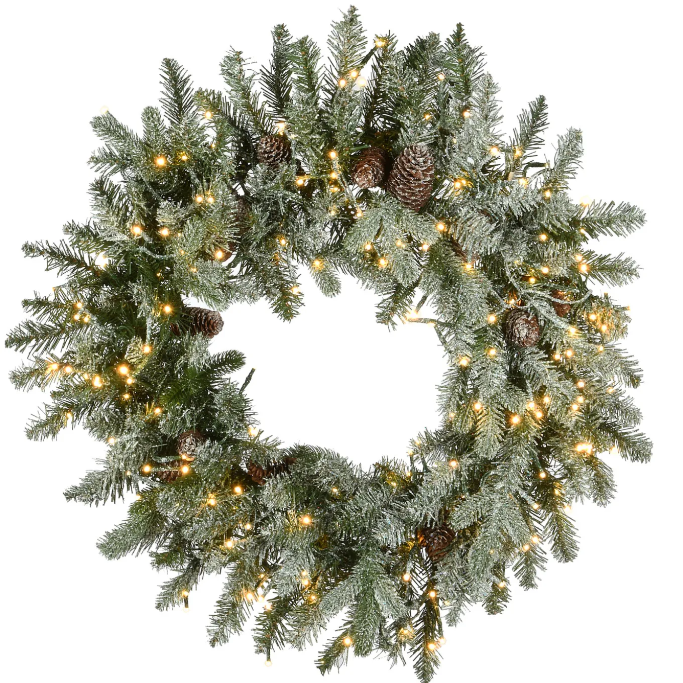 24 in. Pre-Lit Snowy Morgan Spruce Wreath with Dual Color LED Lights