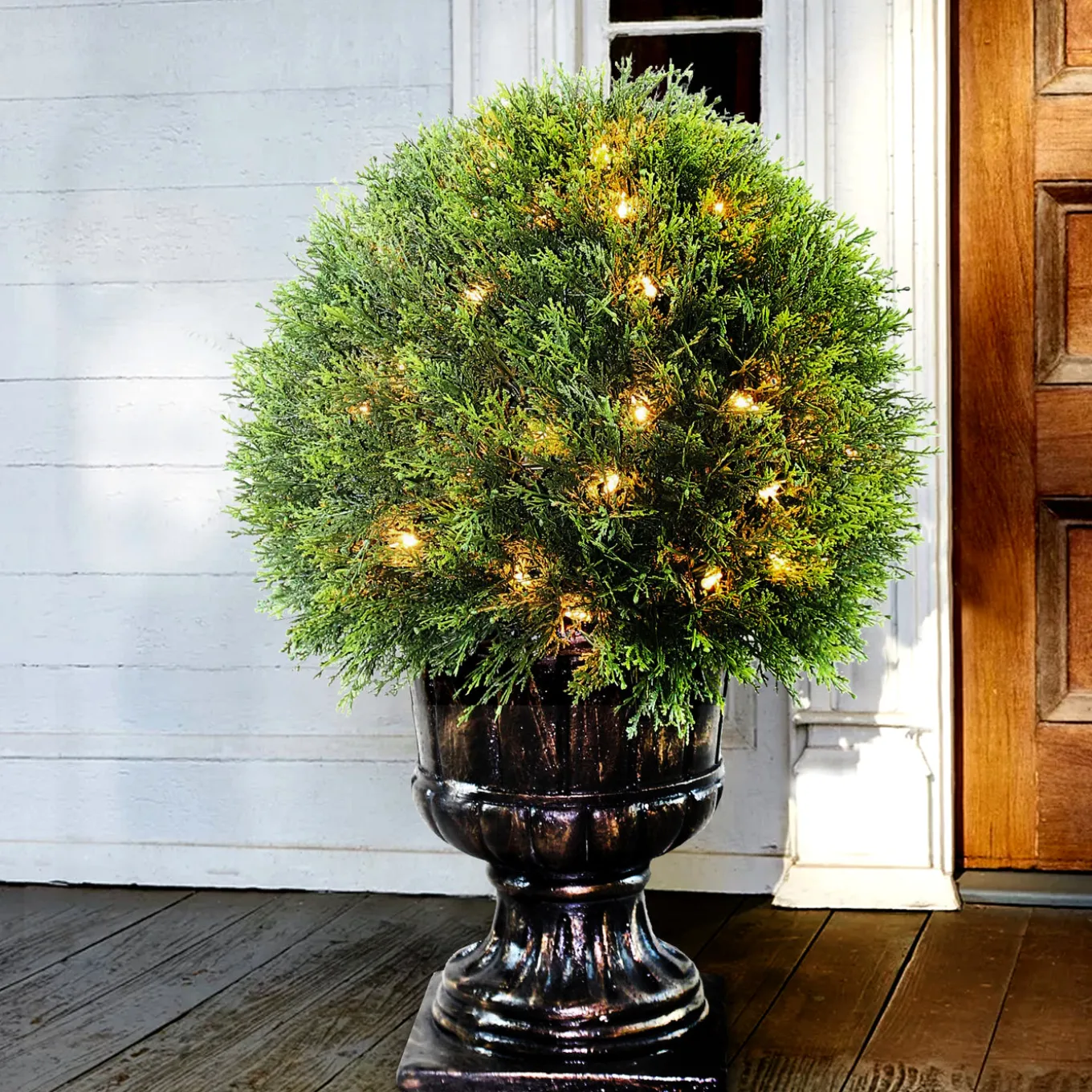 27 in. Pre-Lit Upright Juniper Ball Topiary Tree in a Decorative Urn with Clear Lights