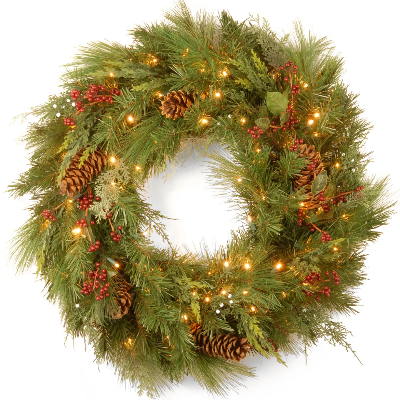 30 in. Pre-Lit White Pine Wreath with Warm White LED Lights