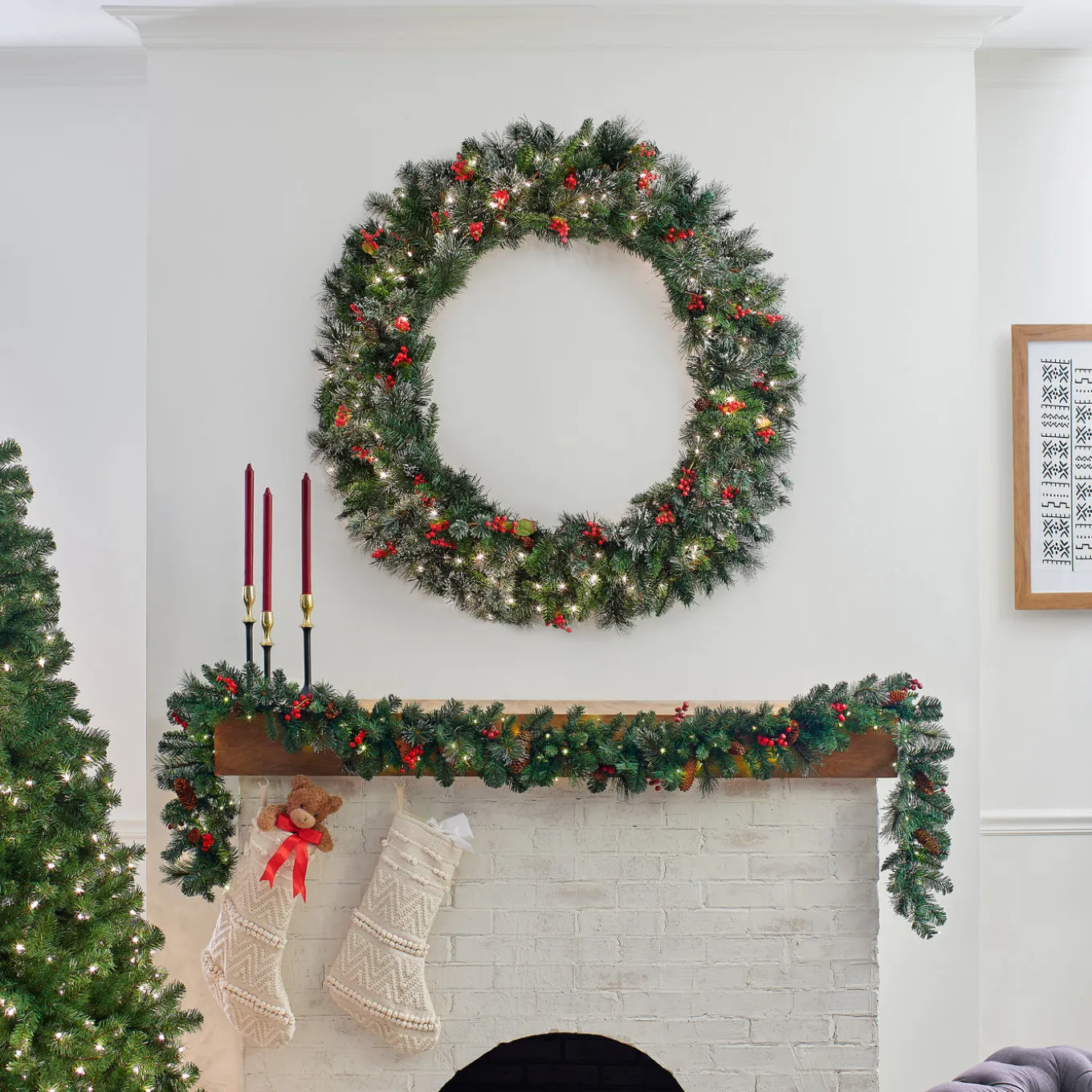 48 in. Pre-Lit Wintry Pine Wreath with Clear Lights