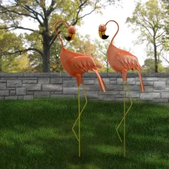 34 in. Resting Peach Flamingo Metal Lawn Decoration