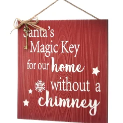 10 in. Santa's Key Door Christmas Sign, Red with White Lettering and Decorative Ornate Key, Stars and Snowflakes