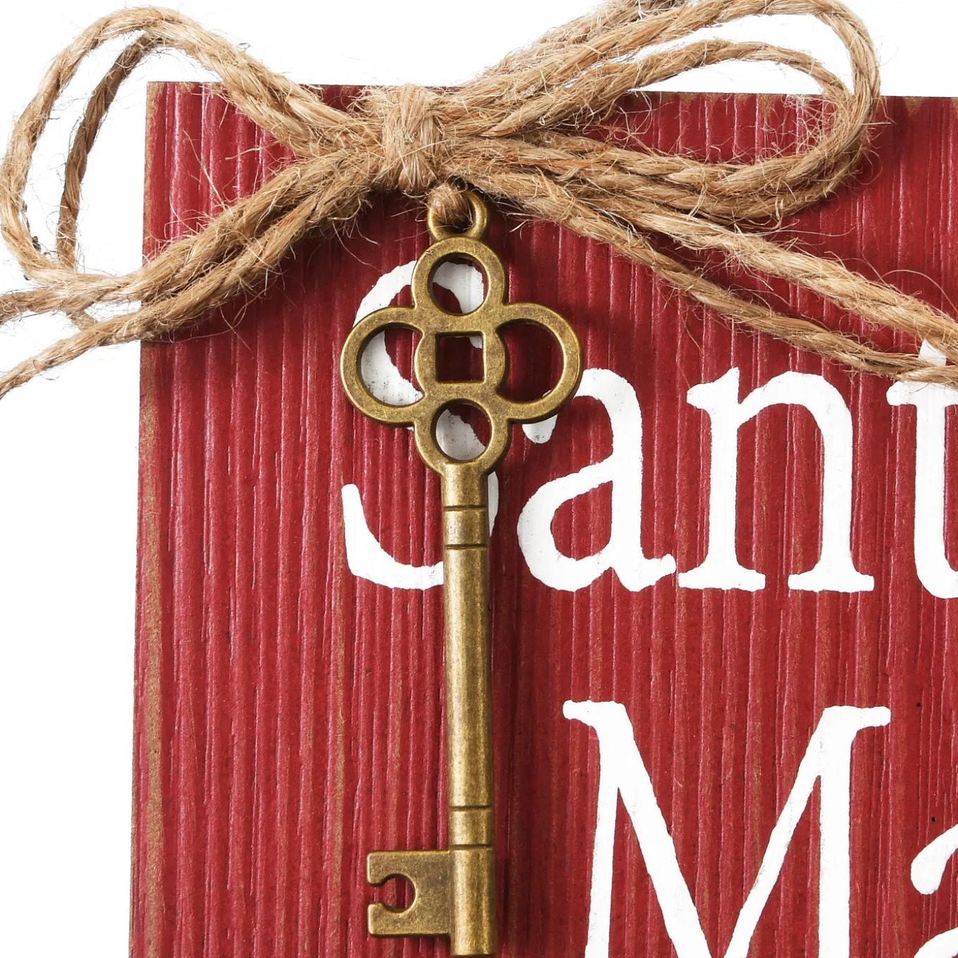 10 in. Santa's Key Door Christmas Sign, Red with White Lettering and Decorative Ornate Key, Stars and Snowflakes